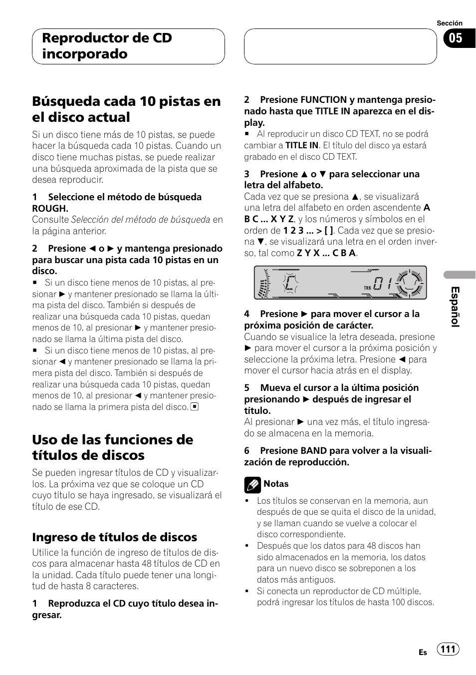 Búsqueda cada 10 pistas en el disco, Actual 111, Uso de las funciones de títulos de | Discos 111, Ingreso de títulos de discos 111, Búsqueda cada 10 pistas en el disco actual, Uso de las funciones de títulos de discos, Reproductor de cd incorporado, Ingreso de títulos de discos | Pioneer DEH-P4700MP User Manual | Page 111 / 140