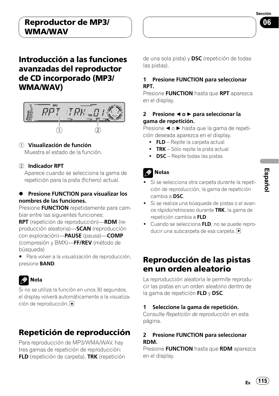 Introducción a las funciones avanzadas del, Reproductor de cd incorporado (mp3, Wma/wav) 115 | Repetición de reproducción 115, Reproducción de las pistas en un orden, Aleatorio 115, Repetición de reproducción, Reproducción de las pistas en un orden aleatorio, Reproductor de mp3/ wma/wav | Pioneer DEH-P4700MP User Manual | Page 115 / 140