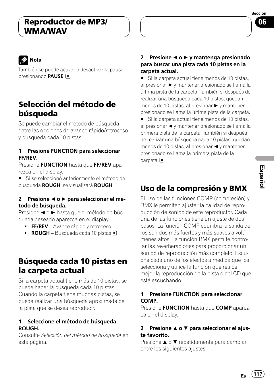 Selección del método de búsqueda 117, Búsqueda cada 10 pistas en la carpeta, Actual 117 | Uso de la compresión y bmx 117, Selección del método de búsqueda, Búsqueda cada 10 pistas en la carpeta actual, Uso de la compresión y bmx, Reproductor de mp3/ wma/wav | Pioneer DEH-P4700MP User Manual | Page 117 / 140