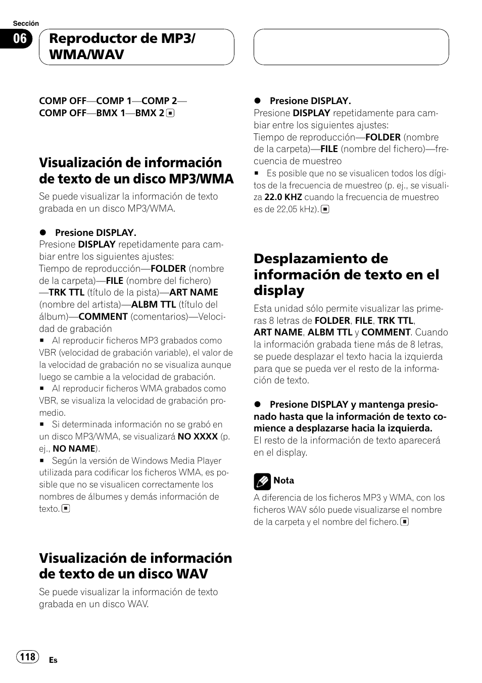 Visualización de información de texto de un, Disco mp3/wma 118, Disco wav 118 | Desplazamiento de información de texto en, El display 118, Reproductor de mp3/ wma/wav | Pioneer DEH-P4700MP User Manual | Page 118 / 140