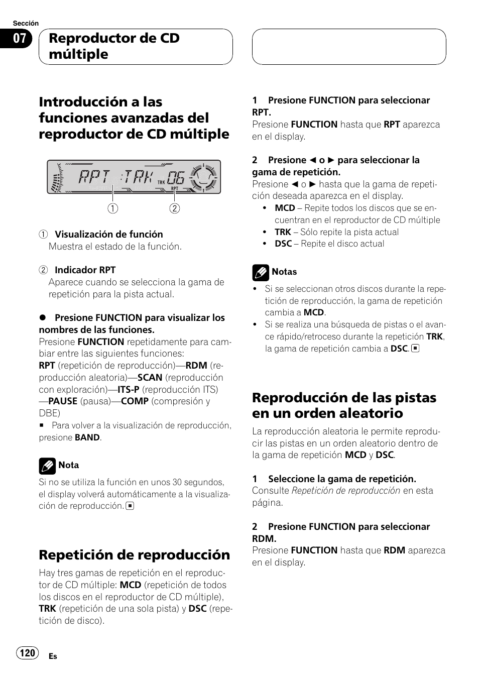 Introducción a las funciones avanzadas del, Reproductor de cd múltiple 120, Repetición de reproducción 120 | Reproducción de las pistas en un orden, Aleatorio 120, Repetición de reproducción, Reproducción de las pistas en un orden aleatorio, Reproductor de cd múltiple | Pioneer DEH-P4700MP User Manual | Page 120 / 140