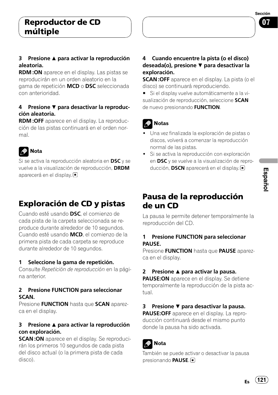 Exploración de cd y pistas 121, Pausa de la reproducción de un cd 121, Exploración de cd y pistas | Pausa de la reproducción de un cd, Reproductor de cd múltiple | Pioneer DEH-P4700MP User Manual | Page 121 / 140