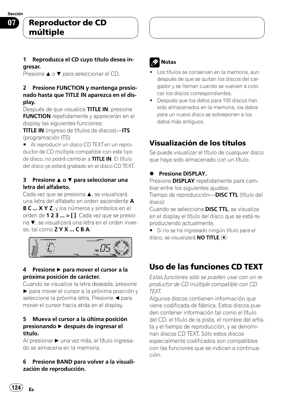 Visualización de los títulos 124, Uso de las funciones cd text 124, Uso de las funciones cd text | Reproductor de cd múltiple, Visualización de los títulos | Pioneer DEH-P4700MP User Manual | Page 124 / 140