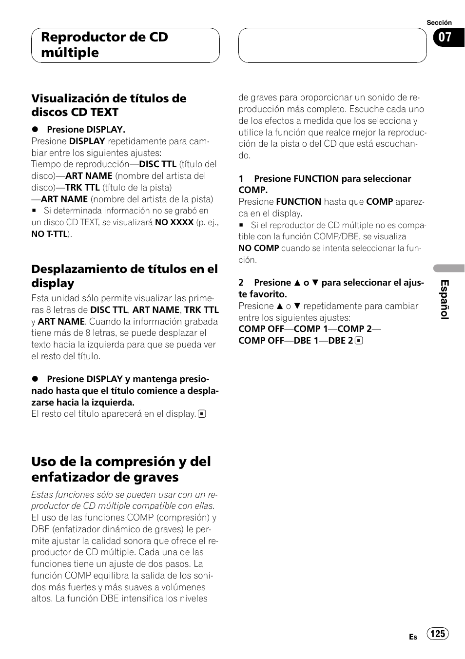 Visualización de títulos de discos cd, Text 125, Desplazamiento de títulos en el | Display 125, Uso de la compresión y del enfatizador de, Graves 125, Uso de la compresión y del enfatizador de graves, Reproductor de cd múltiple | Pioneer DEH-P4700MP User Manual | Page 125 / 140