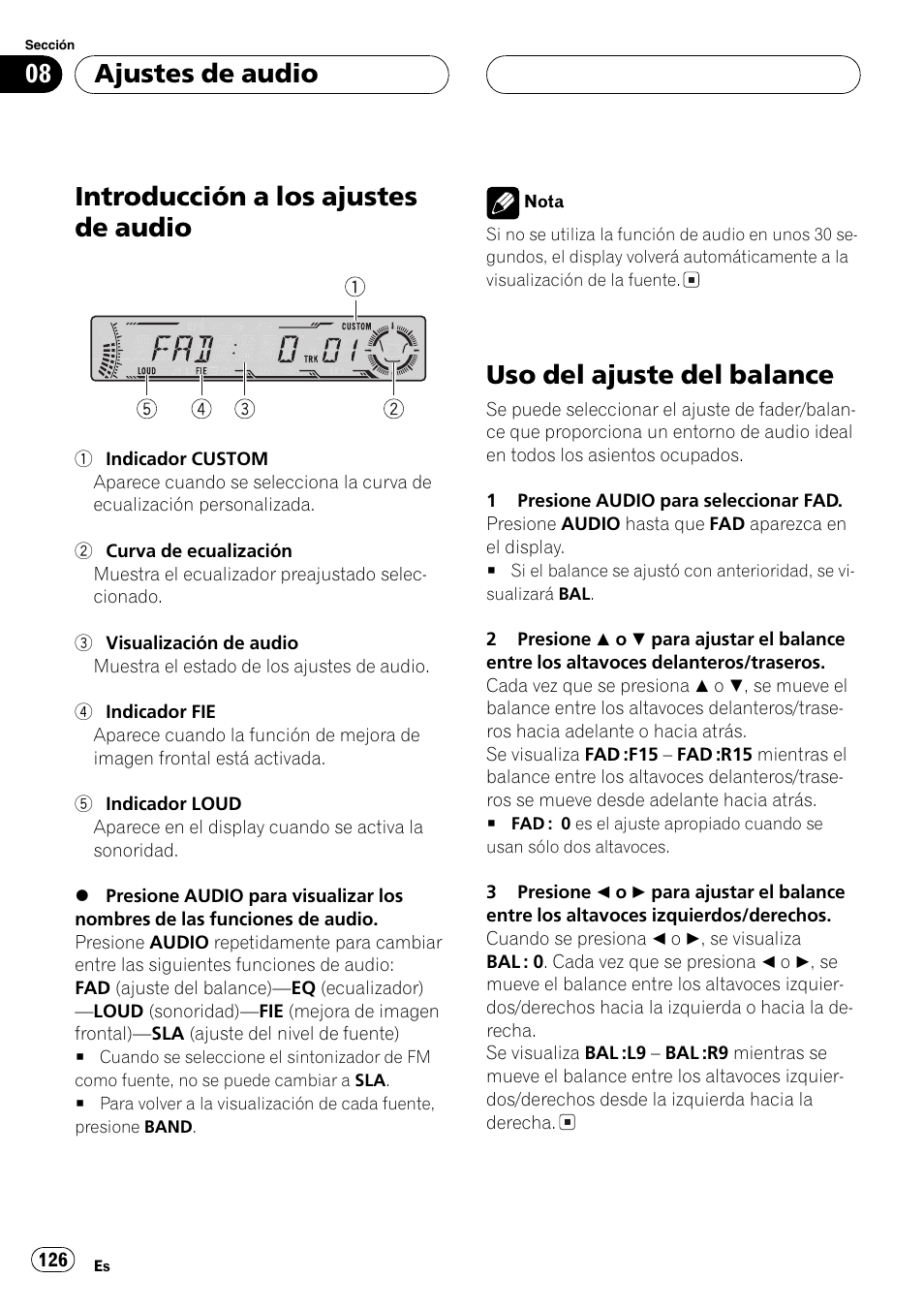 Ajustes de audio, Introducción a los ajustes de audio 126, Uso del ajuste del balance 126 | Introducción a los ajustes de audio, Uso del ajuste del balance | Pioneer DEH-P4700MP User Manual | Page 126 / 140