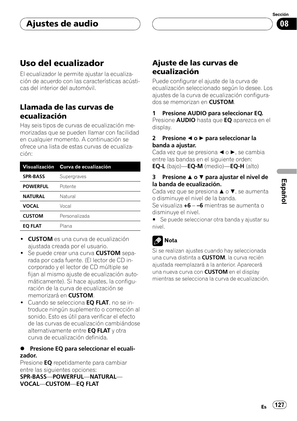 Uso del ecualizador 127, Llamada de las curvas de, Ecualización 127 | Ajuste de las curvas de, Uso del ecualizador, Ajustes de audio, Llamada de las curvas de ecualización, Ajuste de las curvas de ecualización | Pioneer DEH-P4700MP User Manual | Page 127 / 140