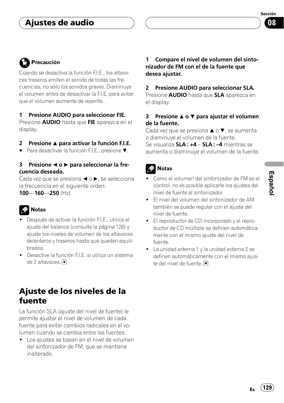 Ajuste de los niveles de la fuente 129, Ajuste de los niveles de la fuente, Ajustes de audio | Pioneer DEH-P4700MP User Manual | Page 129 / 140