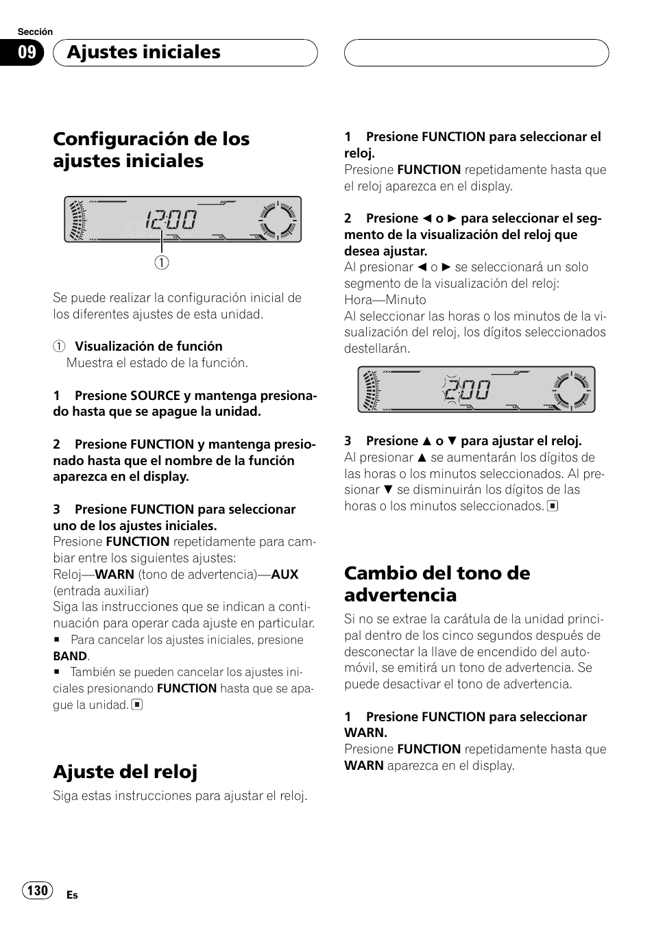 Ajustes iniciales, Configuración de los ajustes iniciales 130, Ajuste del reloj 130 | Cambio del tono de advertencia 130, Configuración de los ajustes iniciales, Ajuste del reloj, Cambio del tono de advertencia | Pioneer DEH-P4700MP User Manual | Page 130 / 140