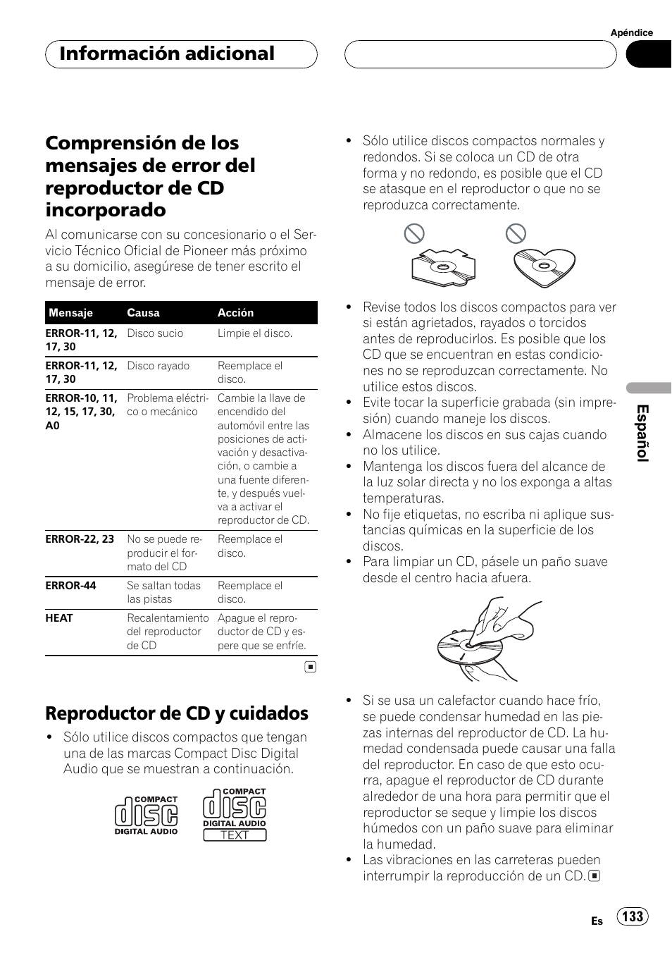 Información adicional, Comprensión de los mensajes de error del, Reproductor de cd incorporado 133 | Reproductor de cd y cuidados 133, Comprensión de los men, Sajes de error del reproductor de cd incorpora, Reproductor de cd y cuidados | Pioneer DEH-P4700MP User Manual | Page 133 / 140