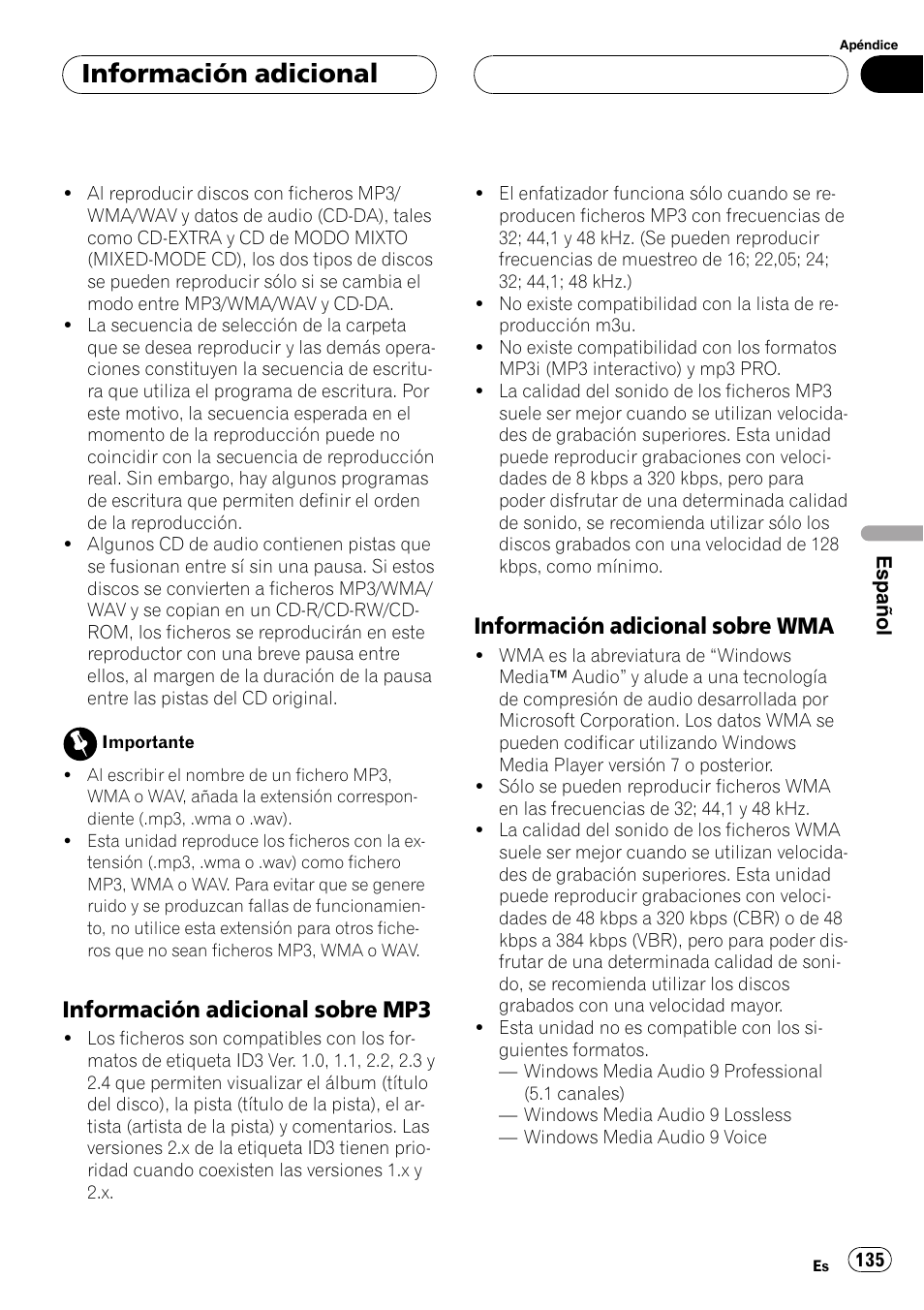 Información adicional sobre, Mp3 135, Wma 135 | Información adicional, Información adicional sobre mp3, Información adicional sobre wma | Pioneer DEH-P4700MP User Manual | Page 135 / 140