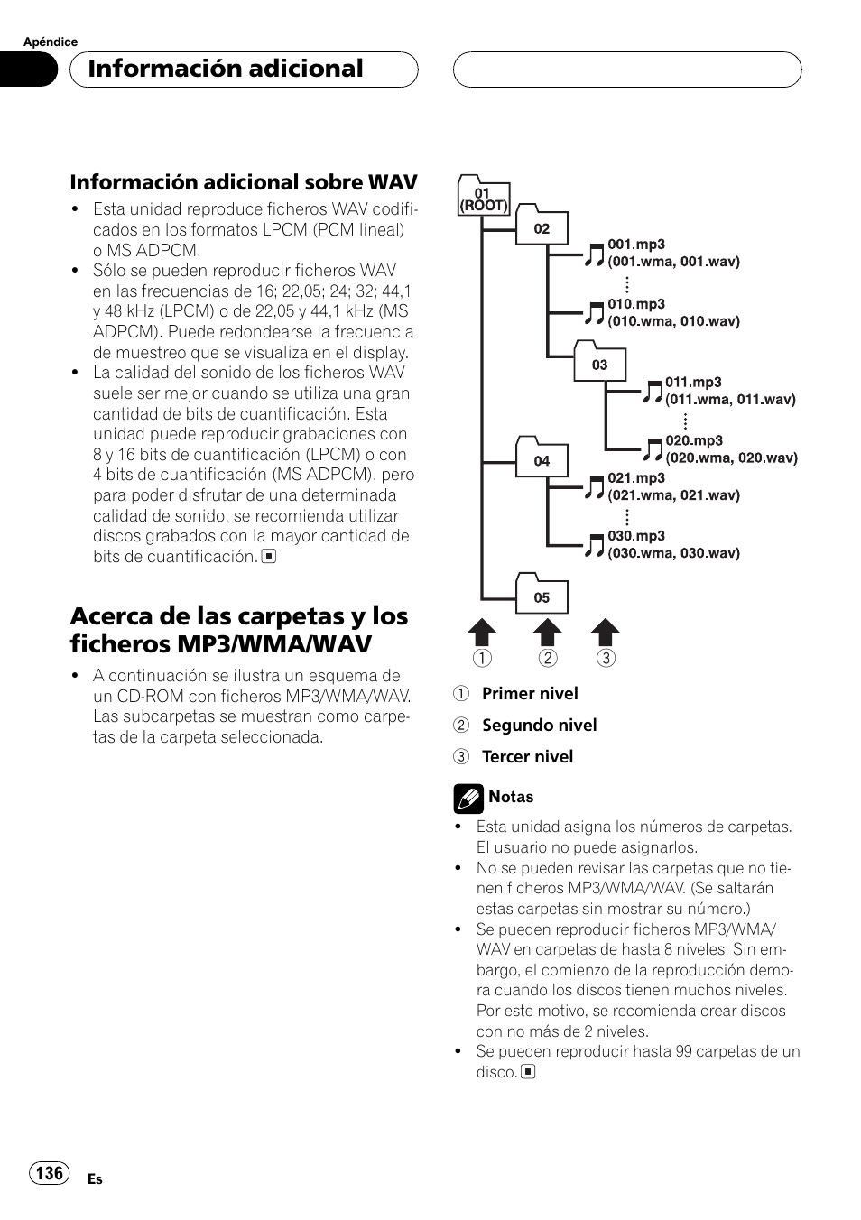 Información adicional sobre, Wav 136, Acerca de las carpetas y los ficheros mp3 | Wma/wav 136, Acerca de las carpetas y los ficheros mp3/wma/wav, Información adicional, Información adicional sobre wav | Pioneer DEH-P4700MP User Manual | Page 136 / 140