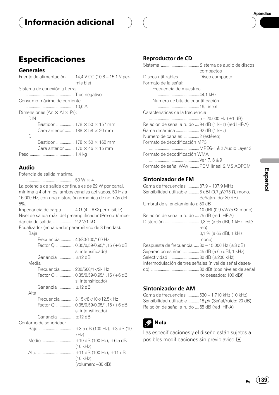 Especificaciones 139, Especificaciones, Información adicional | Español | Pioneer DEH-P4700MP User Manual | Page 139 / 140