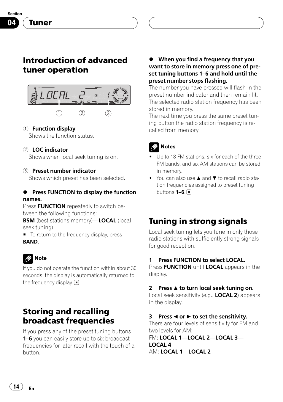 Introduction of advanced tuner, Operation 14, Storing and recalling broadcast | Frequencies 14, Tuning in strong signals 14, Introduction of advanced tuner operation, Storing and recalling broadcast frequencies, Tuning in strong signals, Tuner | Pioneer DEH-P4700MP User Manual | Page 14 / 140