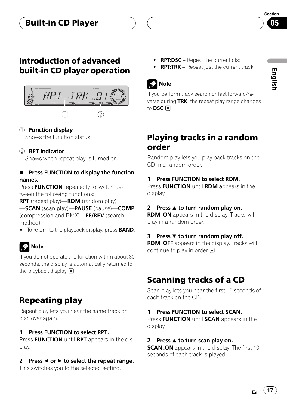 Introduction of advanced built-in cd player, Operation 17, Repeating play | Playing tracks in a random order, Scanning tracks of a cd, Built-in cd player | Pioneer DEH-P4700MP User Manual | Page 17 / 140