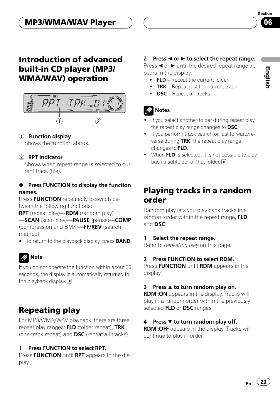 Introduction of advanced built-in cd player, Mp3/wma/wav) operation 23, Repeating play | Playing tracks in a random order, Mp3/wma/wav player | Pioneer DEH-P4700MP User Manual | Page 23 / 140