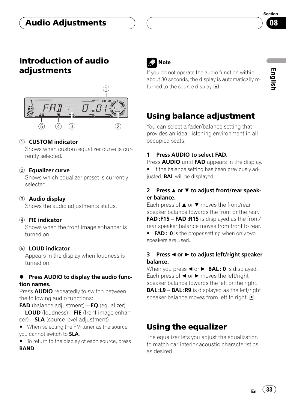 Introduction of audio adjustments, Using balance adjustment, Using the equalizer | Audio adjustments | Pioneer DEH-P4700MP User Manual | Page 33 / 140