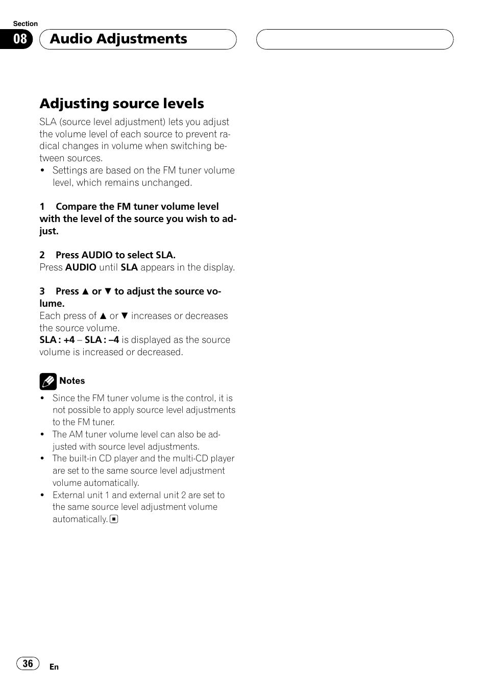 Adjusting source levels 36, Adjusting source levels, Audio adjustments | Pioneer DEH-P4700MP User Manual | Page 36 / 140