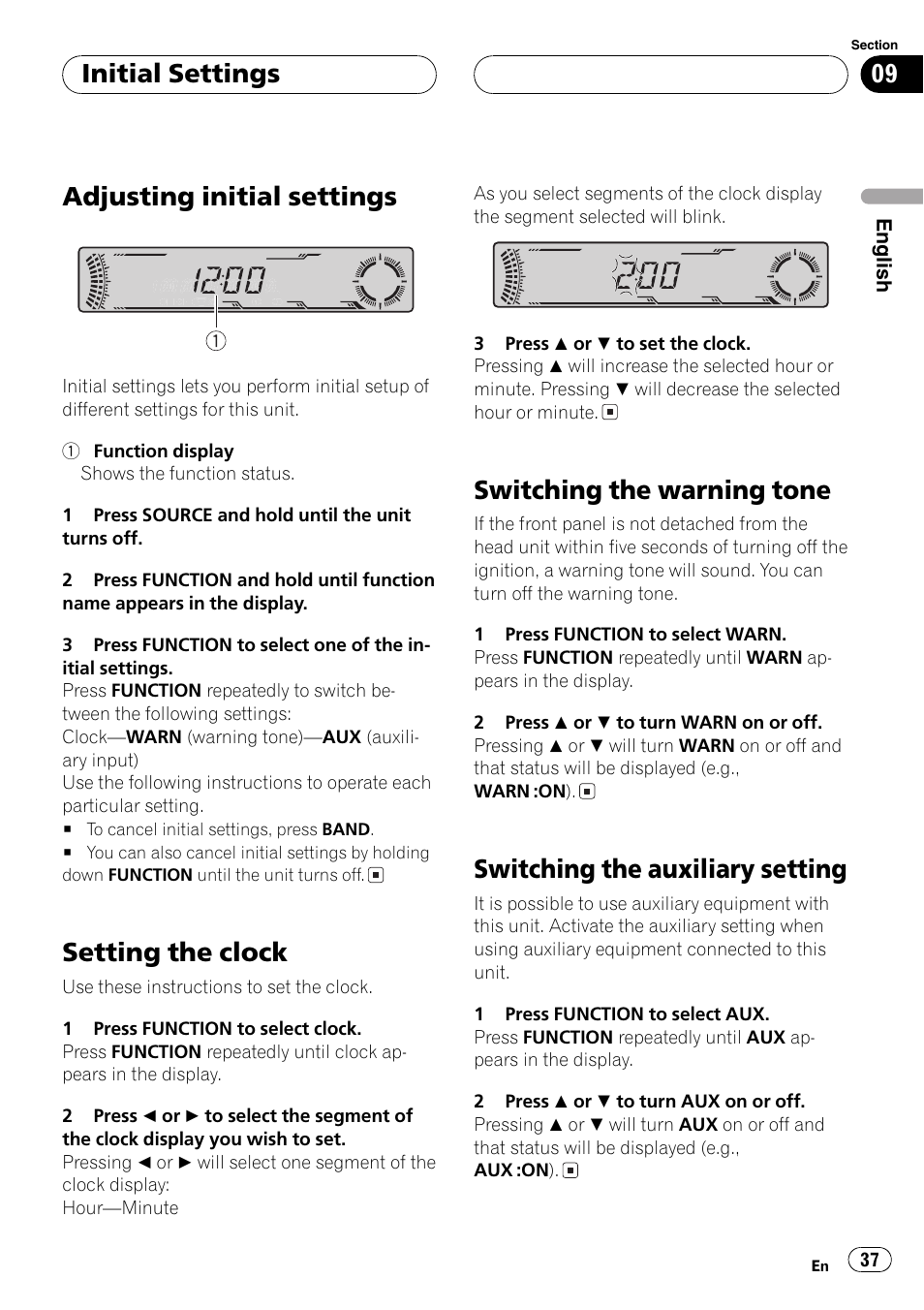 Adjusting initial settings, Setting the clock, Switching the warning tone | Switching the auxiliary setting, Initial settings | Pioneer DEH-P4700MP User Manual | Page 37 / 140