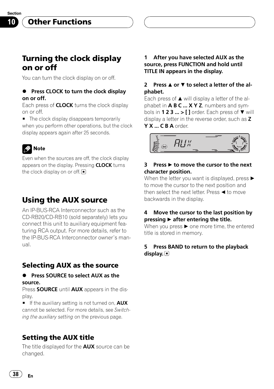 Selecting aux as the source 38, Setting the aux title 38, Turning the clockdisplay on or off | Using the aux source, Other functions | Pioneer DEH-P4700MP User Manual | Page 38 / 140