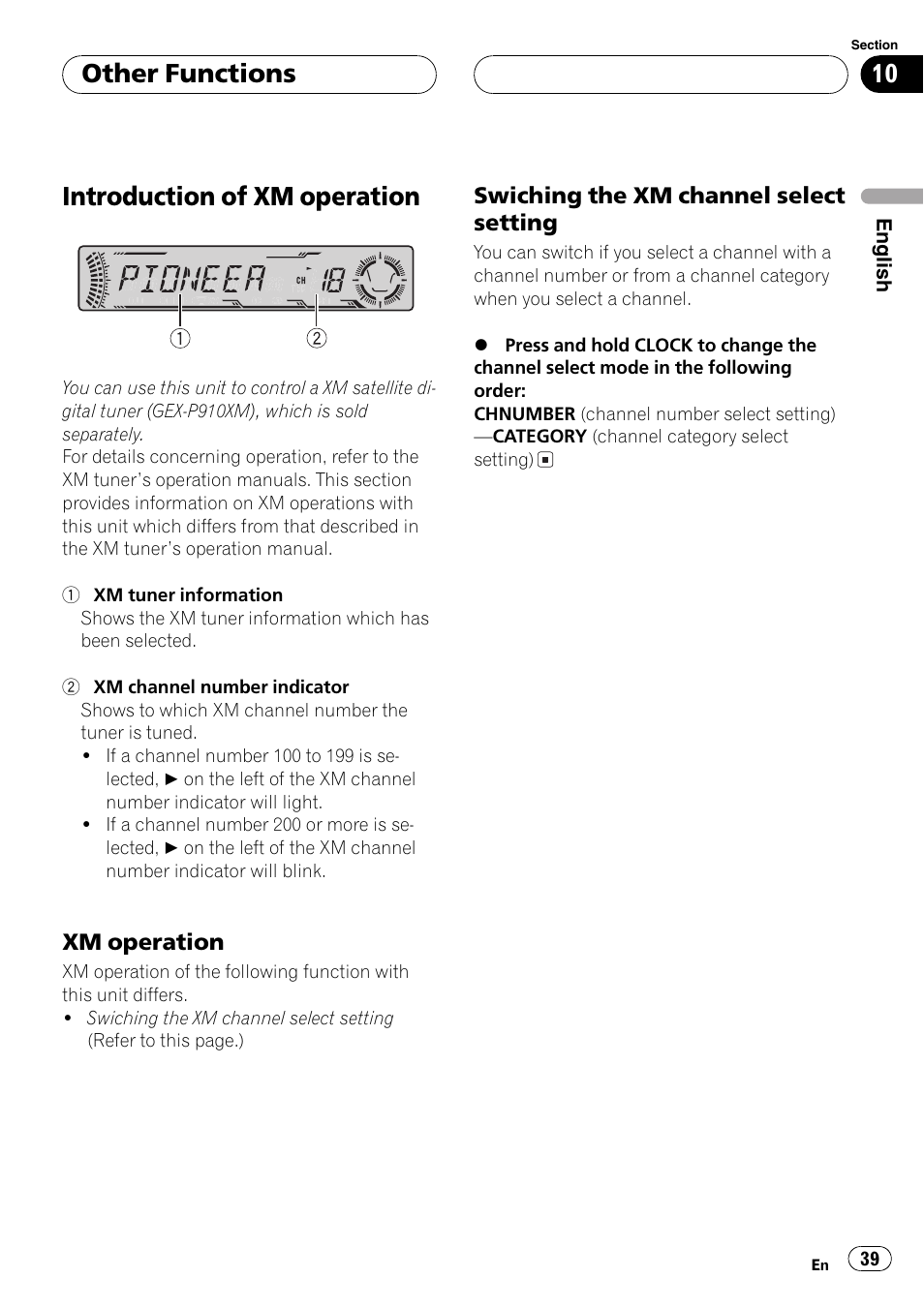 Introduction of xmoperation 39, Xmoperation 39, Swiching the xmchannel select | Setting 39, Introduction of xm operation, Other functions | Pioneer DEH-P4700MP User Manual | Page 39 / 140