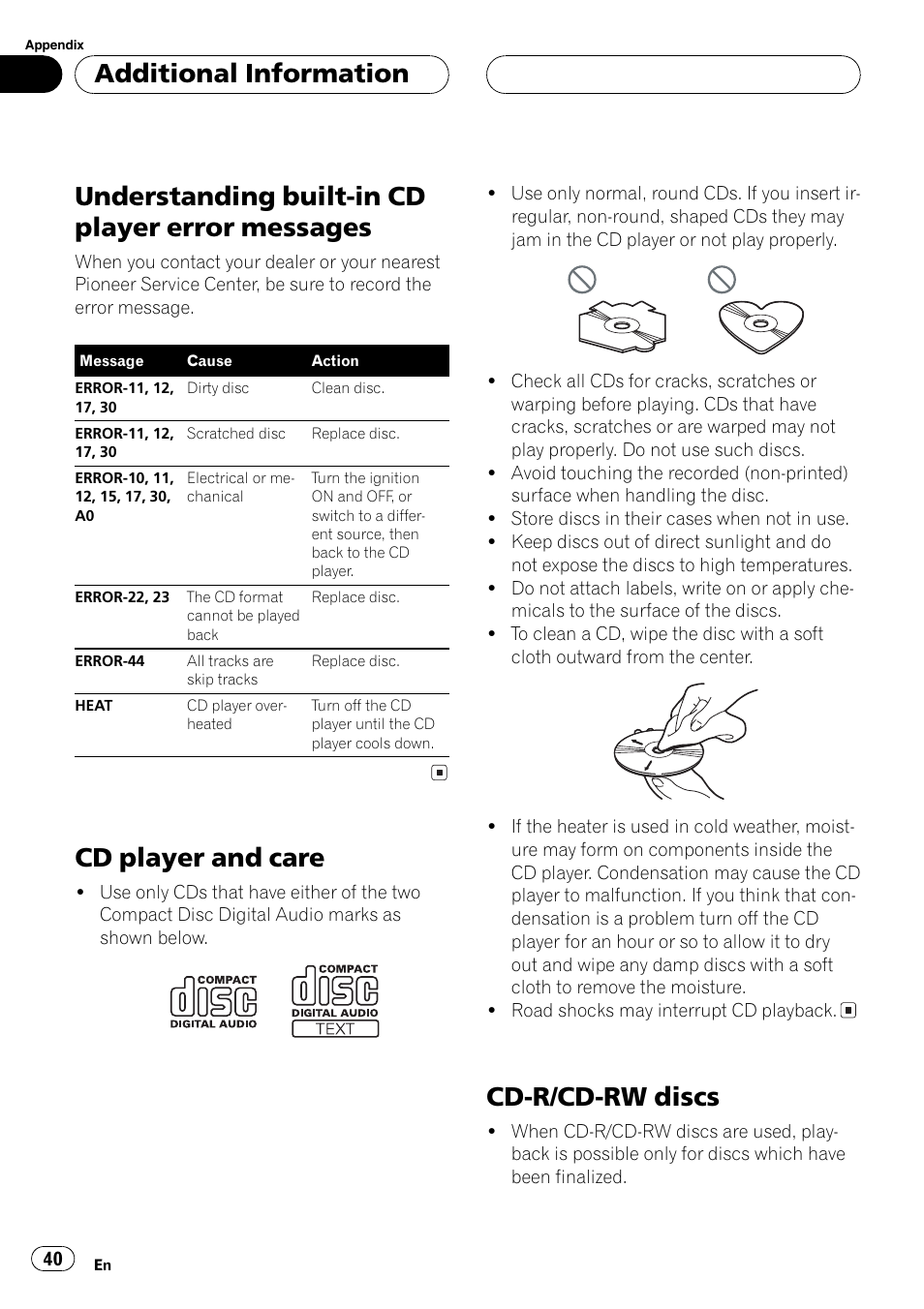 Messages 40, Cd player and care 40 cd-r/cd-rw discs 40, Understanding built-in cd player error messages | Cd player and care, Cd-r/cd-rw discs, Additional information | Pioneer DEH-P4700MP User Manual | Page 40 / 140