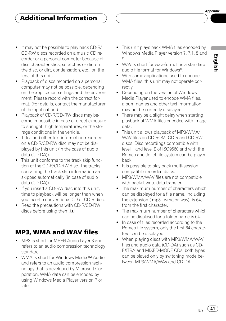 Mp3, wma and wav files 41, Mp3, wma and wav files, Additional information | Pioneer DEH-P4700MP User Manual | Page 41 / 140