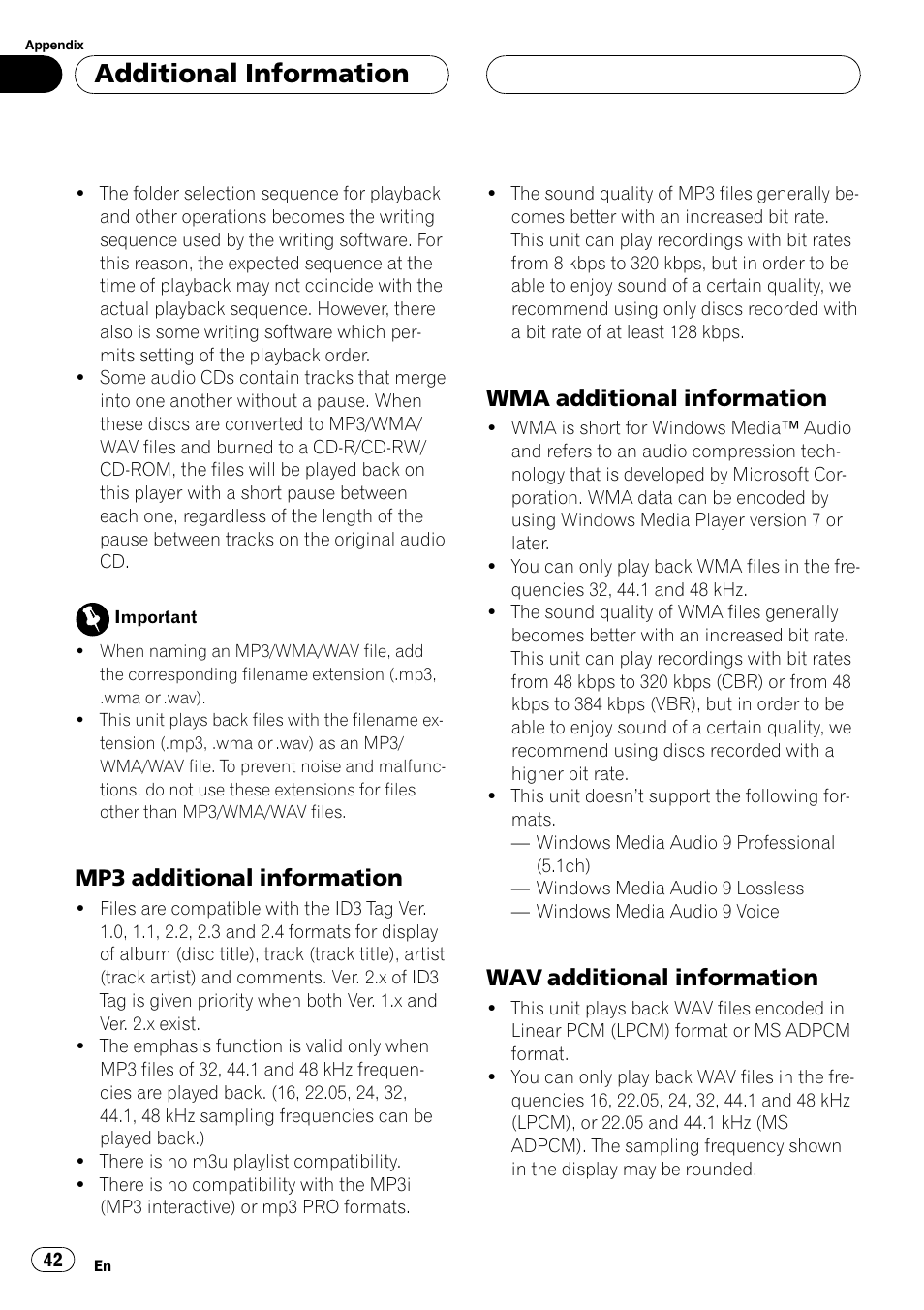 Mp3 additional information 42, Wma additional information 42, Wav additional information 42 | Additional information, Mp3 additional information, Wma additional information, Wav additional information | Pioneer DEH-P4700MP User Manual | Page 42 / 140