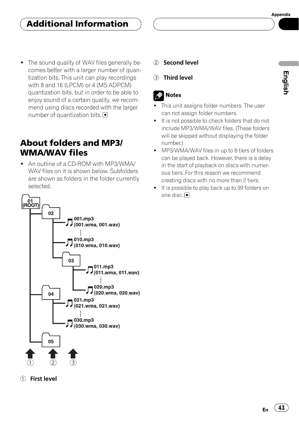 About folders and mp3/wma/wav files 43, About folders and mp3/ wma/wav files, Additional information | Pioneer DEH-P4700MP User Manual | Page 43 / 140