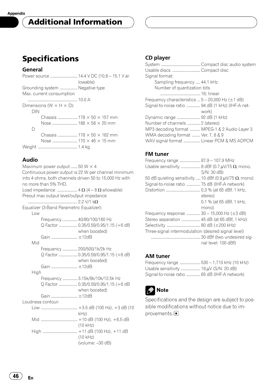 Specifications 46, Specifications, Additional information | Pioneer DEH-P4700MP User Manual | Page 46 / 140