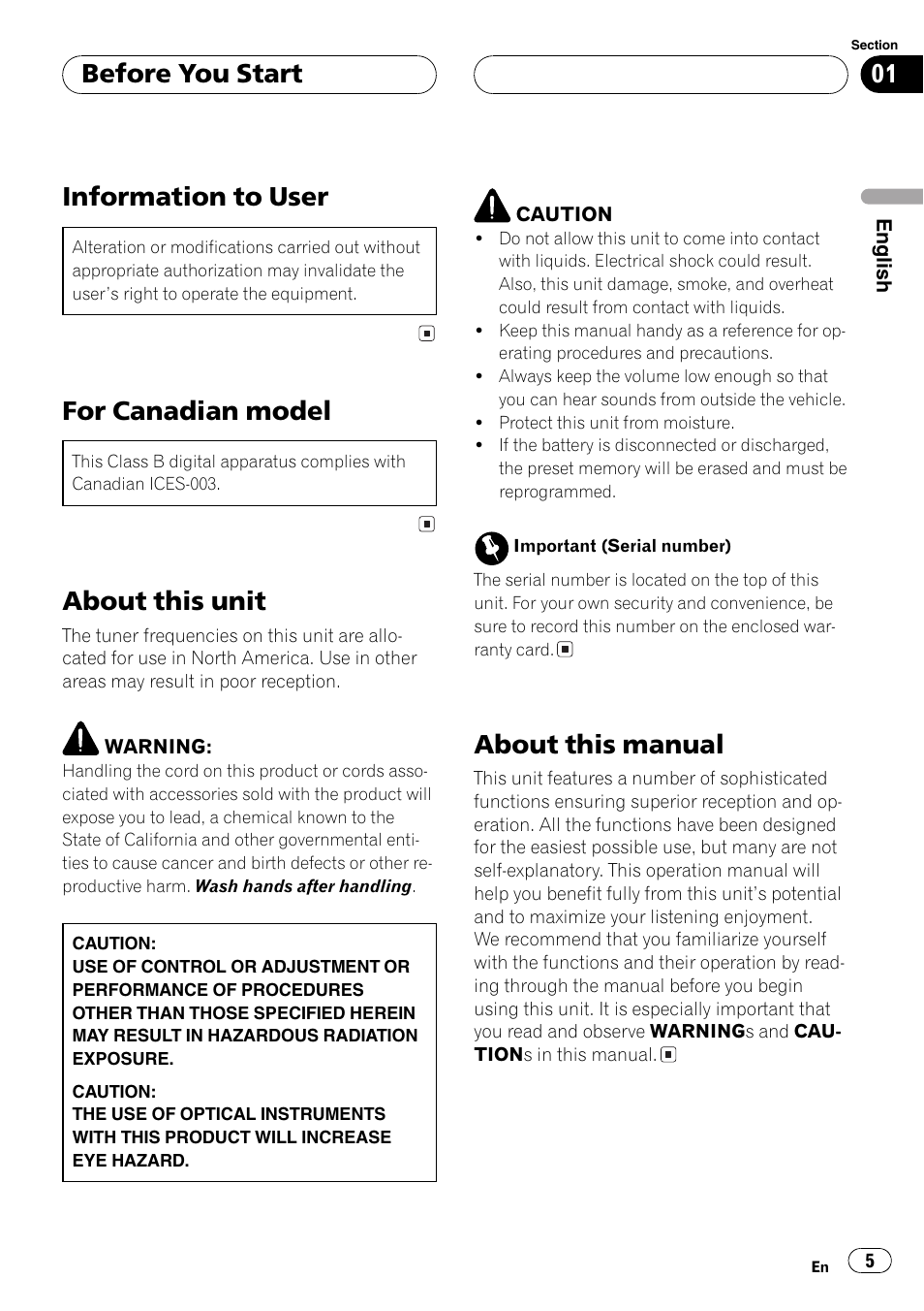 Information to user, For canadian model, About this unit | About this manual, Before you start | Pioneer DEH-P4700MP User Manual | Page 5 / 140