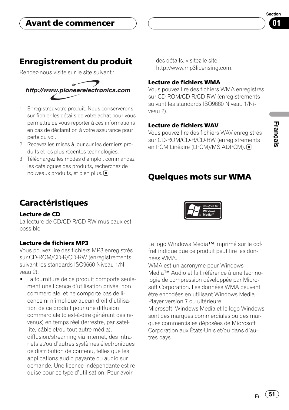 Enregistrement du produit 51, Caractéristiques 51, Quelques mots sur wma 51 | Enregistrement du produit, Caractéristiques, Quelques mots sur wma, Avant de commencer | Pioneer DEH-P4700MP User Manual | Page 51 / 140