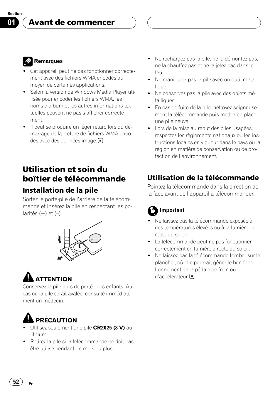 Utilisation et soin du boîtier de, Télécommande 52, Installation de la pile 52 | Utilisation de la télécommande 52, Utilisation et soin du boîtier de télécommande, Avant de commencer, Installation de la pile, Utilisation de la télécommande | Pioneer DEH-P4700MP User Manual | Page 52 / 140