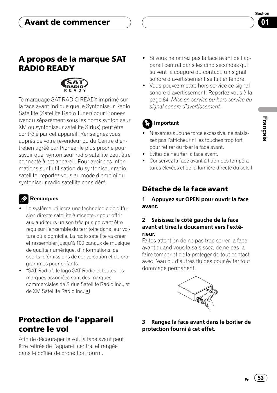 A propos de la marque sat radio, Ready 53, Protection de lappareil contre le vol 53 | Détache de la face avant 53, A propos de la marque sat radio ready, Protection de lappareil contre le vol, Avant de commencer | Pioneer DEH-P4700MP User Manual | Page 53 / 140