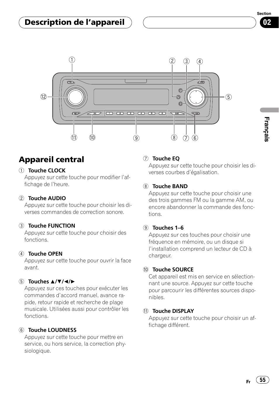 Description de lappareil, Appareil central 55, Appareil central | Pioneer DEH-P4700MP User Manual | Page 55 / 140