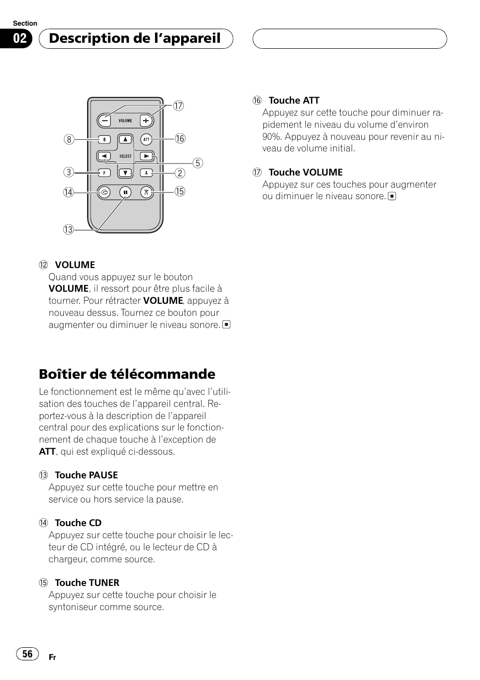 Boîtier de télécommande 56, Boîtier de télécommande, Description de lappareil | Pioneer DEH-P4700MP User Manual | Page 56 / 140