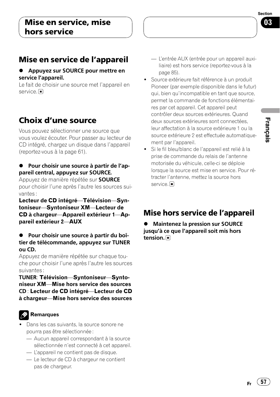 Mise en service, mise hors service, Mise en service de lappareil 57, Choix dune source 57 | Mise hors service de lappareil 57, Mise en service de lappareil, Choix dune source, Mise hors service de lappareil | Pioneer DEH-P4700MP User Manual | Page 57 / 140