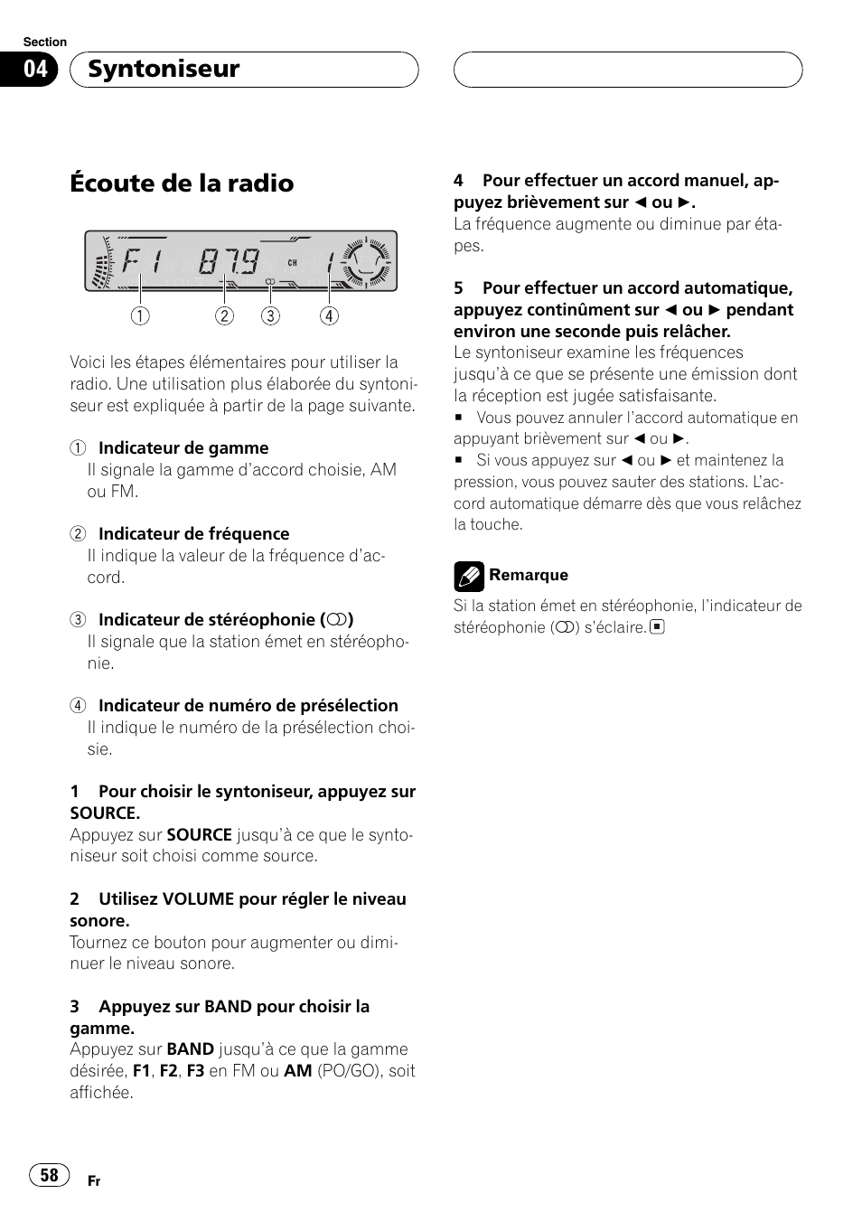 Syntoniseur, Écoute de la radio 58, Écoute de la radio | Pioneer DEH-P4700MP User Manual | Page 58 / 140