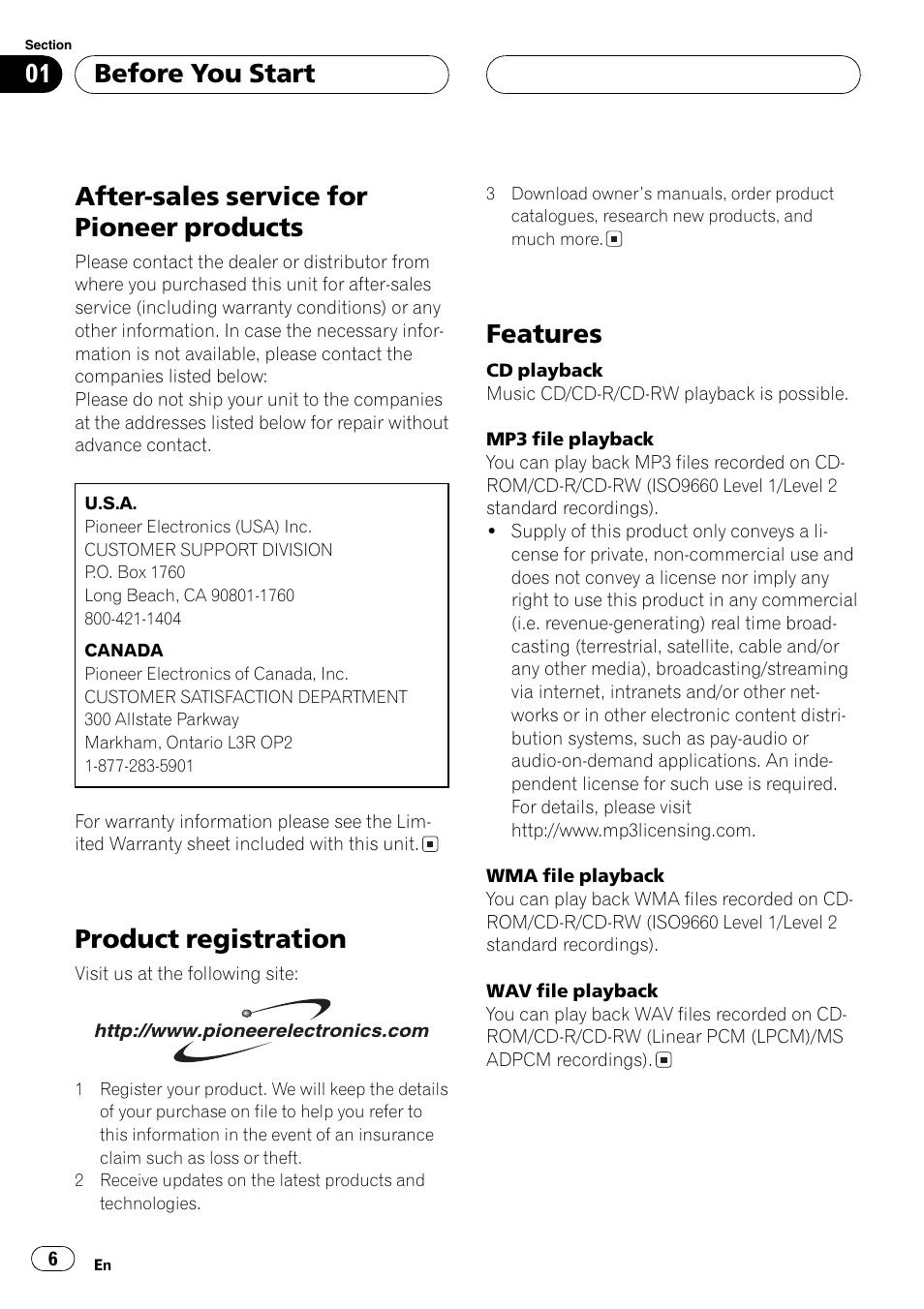 After-sales service for pioneer products, Product registration, Features | Before you start | Pioneer DEH-P4700MP User Manual | Page 6 / 140