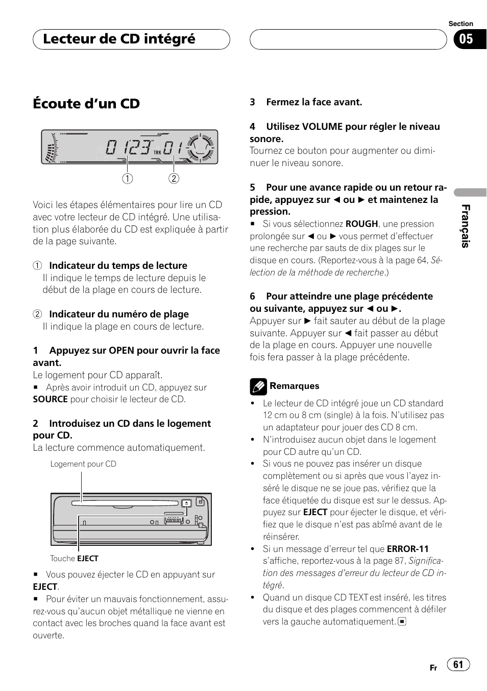 Lecteur de cd intégré, Écoute dun cd 61, Écoute dun cd | Pioneer DEH-P4700MP User Manual | Page 61 / 140