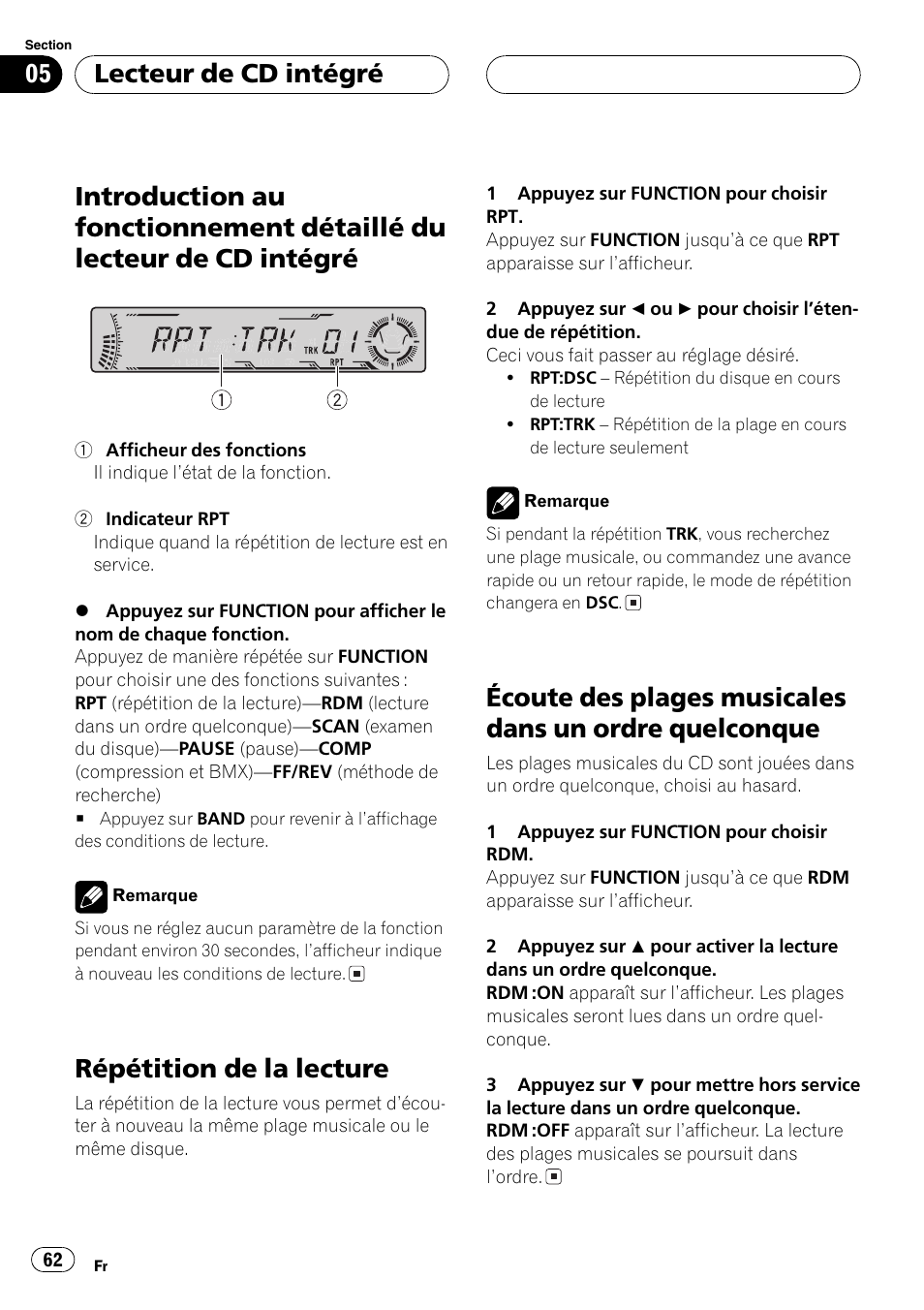 Introduction au fonctionnement détaillé du, Lecteur de cd intégré 62, Répétition de la lecture 62 | Écoute des plages musicales dans un ordre, Quelconque 62, Répétition de la lecture, Lecteur de cd intégré | Pioneer DEH-P4700MP User Manual | Page 62 / 140