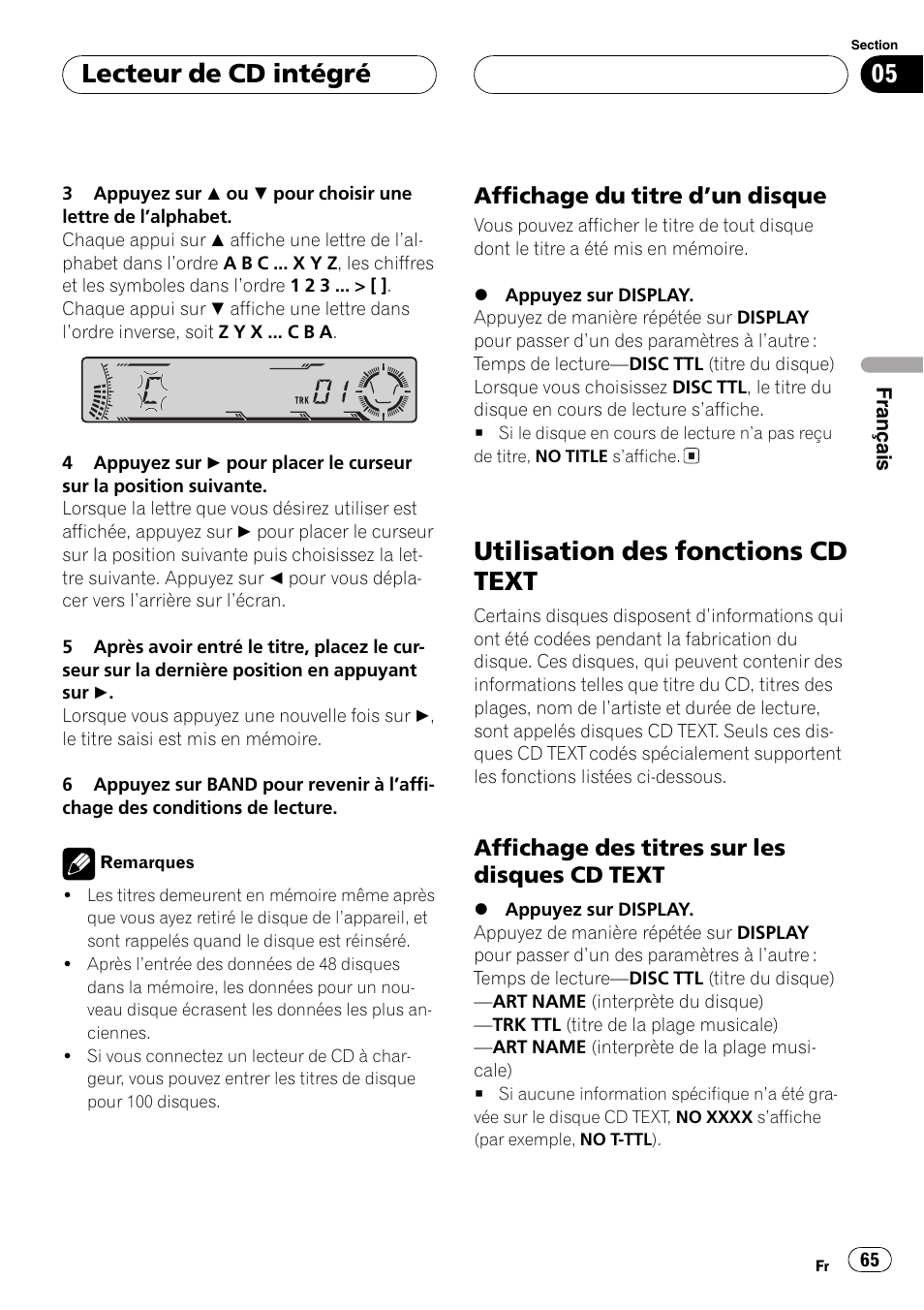 Affichage du titre dun disque 65, Utilisation des fonctions cd text 65, Affichage des titres sur les disques | Cd text 65, Utilisation des fonctions cd text, Lecteur de cd intégré, Affichage du titre dun disque, Affichage des titres sur les disques cd text | Pioneer DEH-P4700MP User Manual | Page 65 / 140