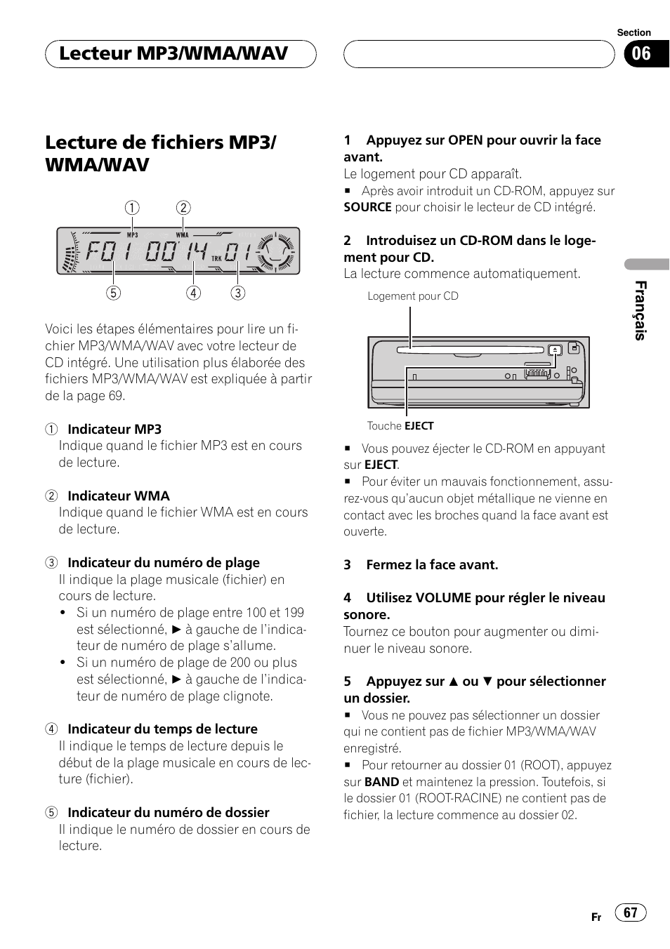 Lecteur mp3/wma/wav, Lecture de fichiers mp3/wma/wav 67, Lecture de fichiers mp3/ wma/wav | Pioneer DEH-P4700MP User Manual | Page 67 / 140