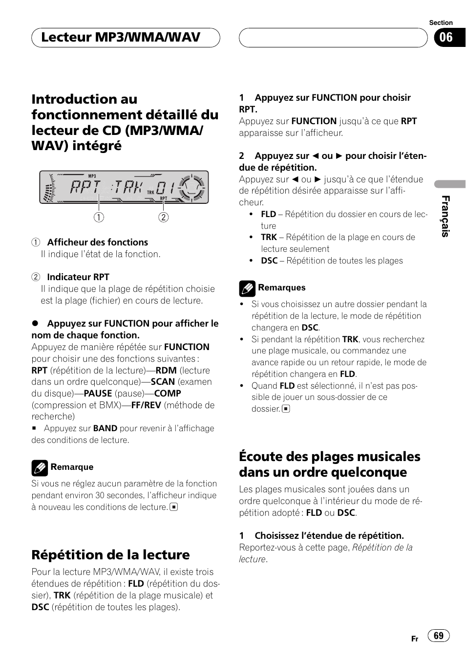 Introduction au fonctionnement détaillé du, Lecteur de cd (mp3/wma/wav), Intégré 69 | Répétition de la lecture 69, Écoute des plages musicales dans un ordre, Quelconque 69, Répétition de la lecture, Lecteur mp3/wma/wav | Pioneer DEH-P4700MP User Manual | Page 69 / 140