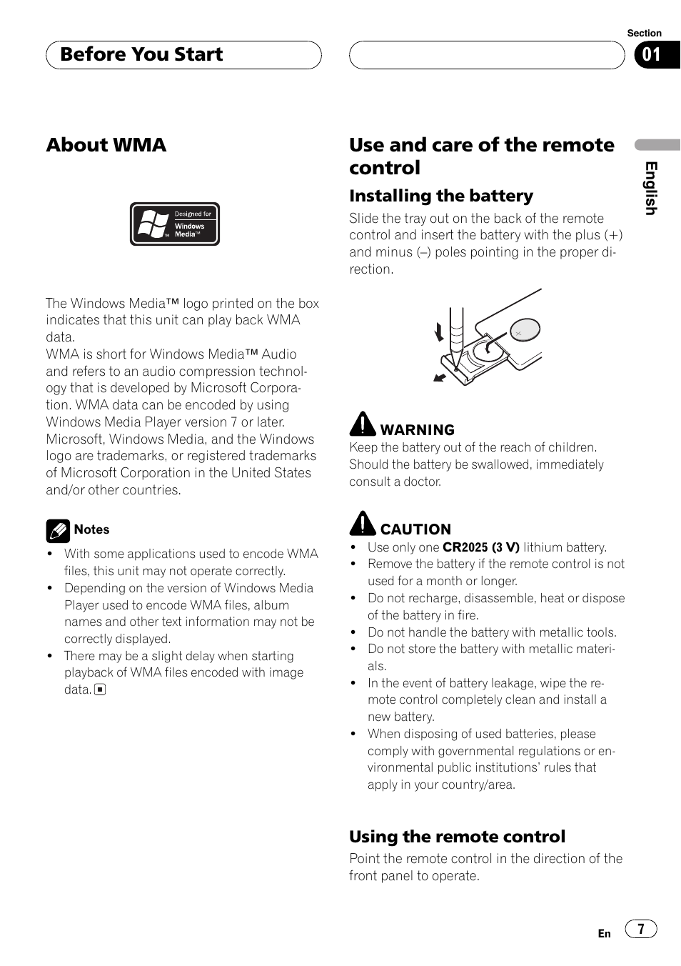 About wma 7 use and care of the remote control 7, Installing the battery 7, Using the remote control 7 | About wma, Use and care of the remote control, Before you start, Installing the battery, Using the remote control | Pioneer DEH-P4700MP User Manual | Page 7 / 140