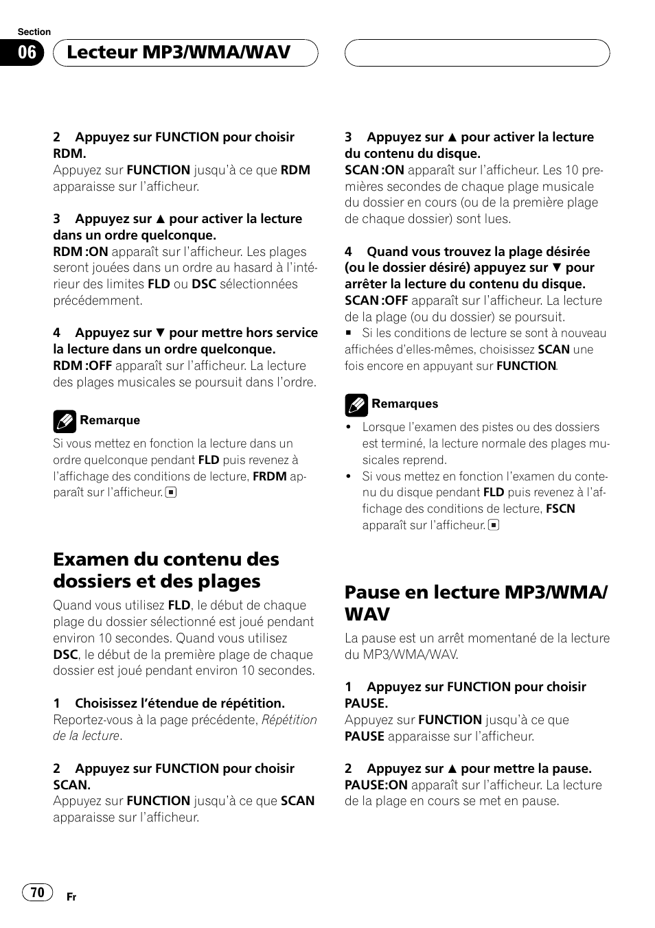 Examen du contenu des dossiers et des, Plages 70, Pause en lecture mp3/wma/wav 70 | Examen du contenu des dossiers et des plages, Pause en lecture mp3/wma/ wav, Lecteur mp3/wma/wav | Pioneer DEH-P4700MP User Manual | Page 70 / 140