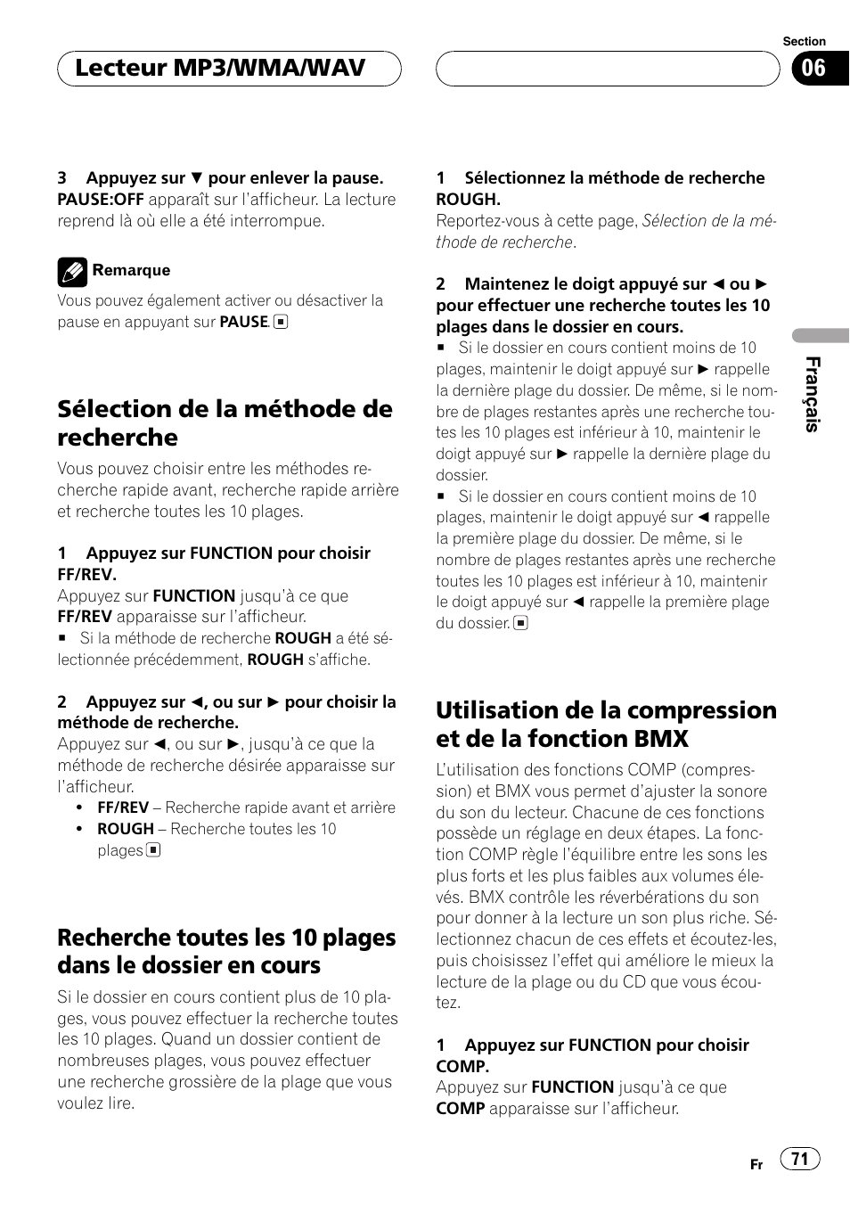 Sélection de la méthode de recherche 71, Recherche toutes les 10 plages dans le, Dossier en cours 71 | Utilisation de la compression et de la, Fonction bmx 71, Sélection de la méthode de recherche, Lecteur mp3/wma/wav | Pioneer DEH-P4700MP User Manual | Page 71 / 140