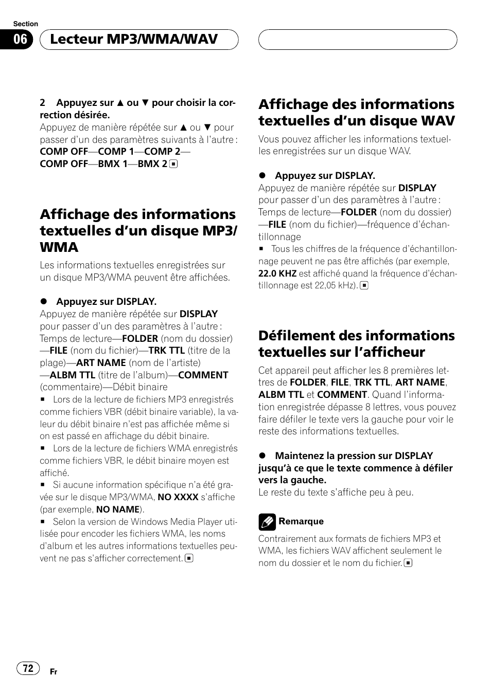 Affichage des informations textuelles dun, Disque mp3/wma 72, Disque wav 72 | Défilement des informations textuelles sur, Lafficheur 72, Lecteur mp3/wma/wav | Pioneer DEH-P4700MP User Manual | Page 72 / 140