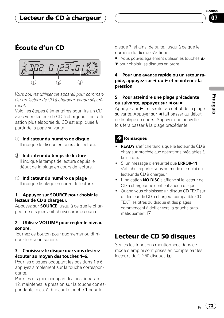 Lecteur de cd à chargeur, Écoute dun cd 73, Lecteur de cd 50 disques 73 | Écoute dun cd, Lecteur de cd 50 disques | Pioneer DEH-P4700MP User Manual | Page 73 / 140