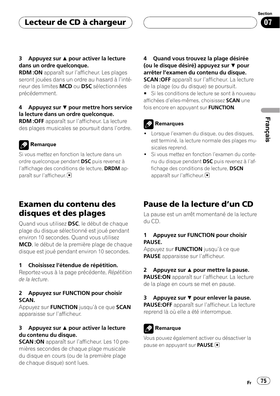 Examen du contenu des disques et des, Plages 75, Pause de la lecture dun cd 75 | Examen du contenu des disques et des plages, Pause de la lecture dun cd, Lecteur de cd à chargeur | Pioneer DEH-P4700MP User Manual | Page 75 / 140