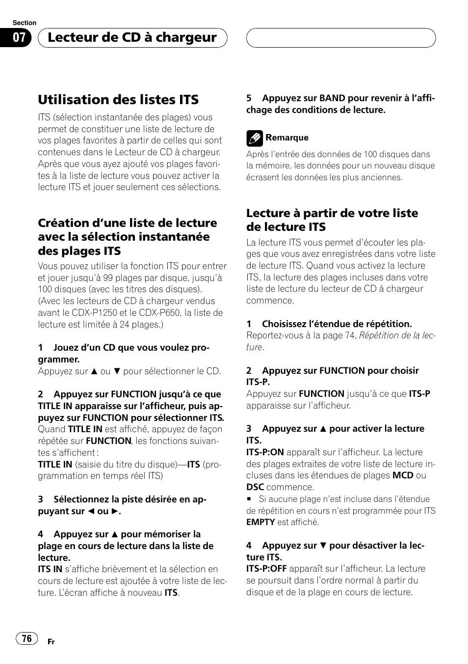 Utilisation des listes its 76, Création dune liste de lecture avec la, Sélection instantanée des plages | Its 76, Lecture à partir de votre liste de, Lecture its 76, Utilisation des listes its, Lecteur de cd à chargeur, Lecture à partir de votre liste de lecture its | Pioneer DEH-P4700MP User Manual | Page 76 / 140